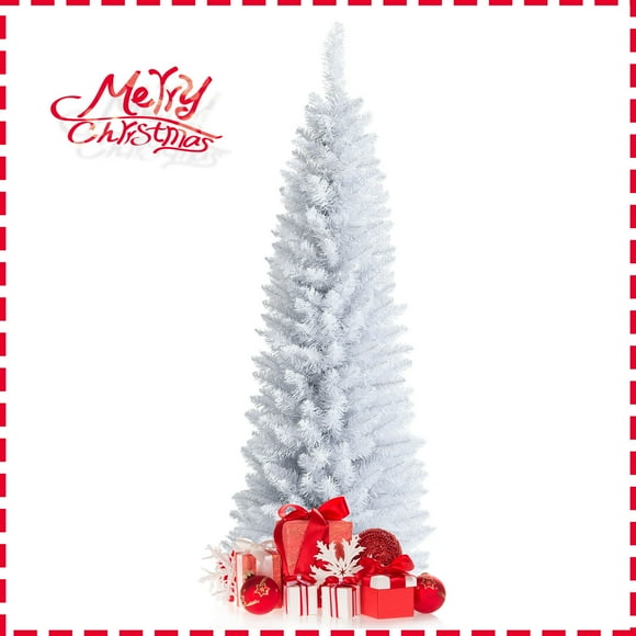 Patiojoy 5FT Life-Like Slender White Christmas Tree Artificial Pencil Unlit Xmas Tree W/ Folding Metal Stand & Sturdy PVC
