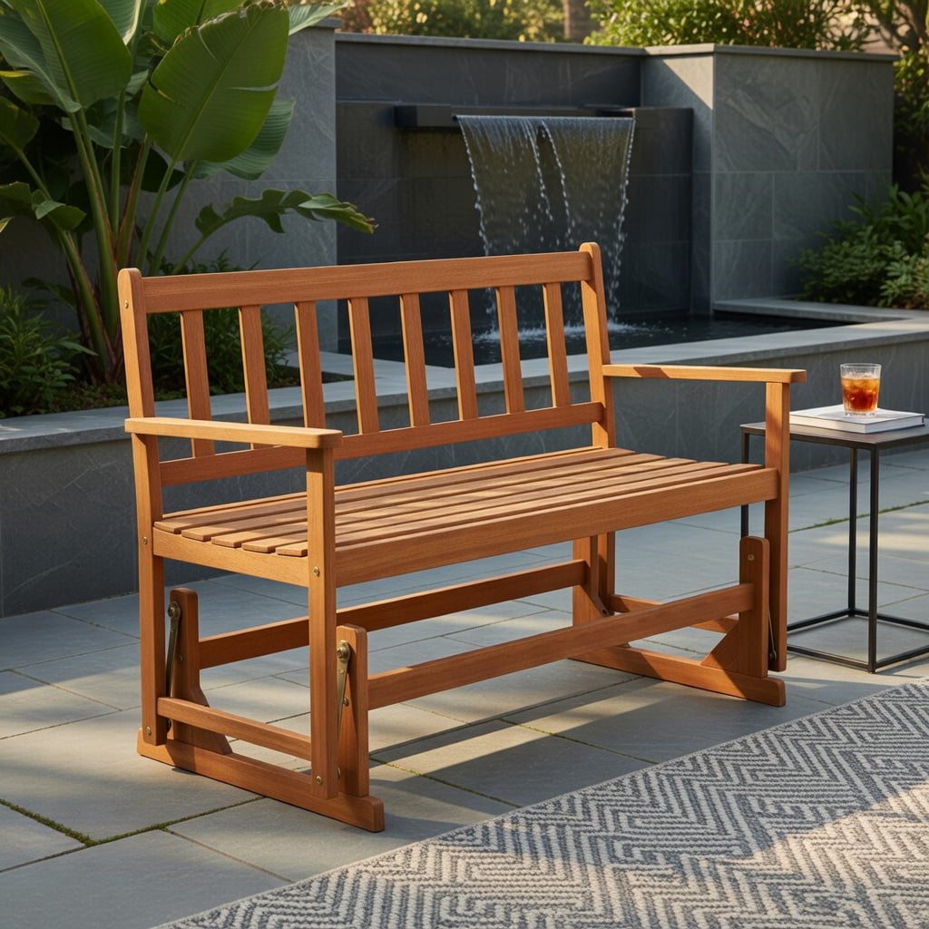 Hommoo 2-Person Acacia Wood Glider Bench Swing Loveseat, Outdoor Rocking Patio Bench with Smooth Glide, Ergonomic 105° Back Angle, Natural