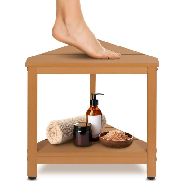 Naipo Shower Stool HDPS Corner Stool for Shaving Legs, Waterproof Shower Foot Stool Bathroom Bench with Non-Slip Feet, Durable/Stable Bench, Teak