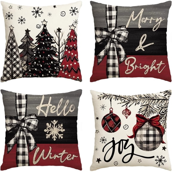 colorlife Merry Christmas Joy Xmas Trees Red Throw Pillow Covers, 20 x 20 Inch Christmas Winter Holiday Cushion Case Decoration for Sofa Couch Set of 4
