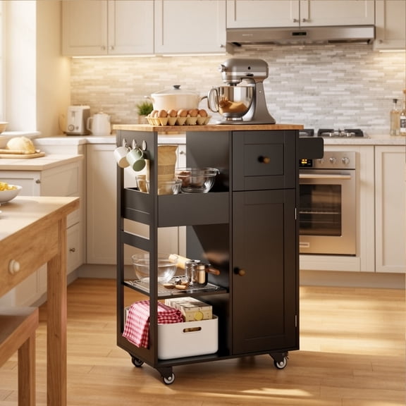 Aiho 17.7" x 33" Kitchen Island Cart with Storage,Rolling Kitchen Island Side Table on Wheels with Worktop,Spice Rack ,Adjustable Shelves and Drawer for Kitchen,Dining Room - Black