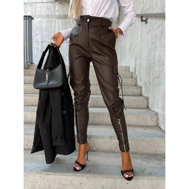 Pantalones de moda personalizados con cremallera de piel, pantalones ajustados de cintura alta, pantalones de mujer