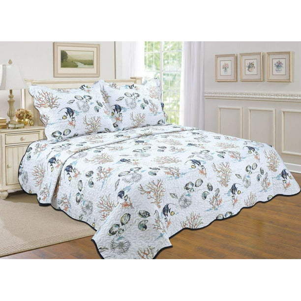 All For You 3pc Reversible Bedspread Coverlet Quilt Set Coastal