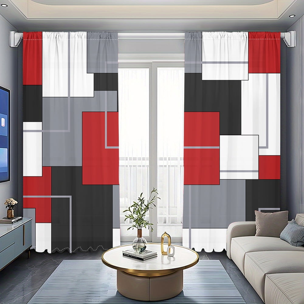 WNOOHIY Red White Black Plaid Patterned Window Curtains for Bedroom and Living Room, Set of 2 Panels