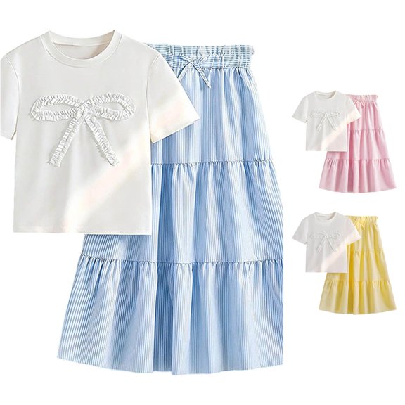CUZIBR Kids Girls Summer Outfit Sets Short Sleeve Tops With 3D Bowknot And A-Line Skirt Clothes Sets,Blue,8-9 Years
