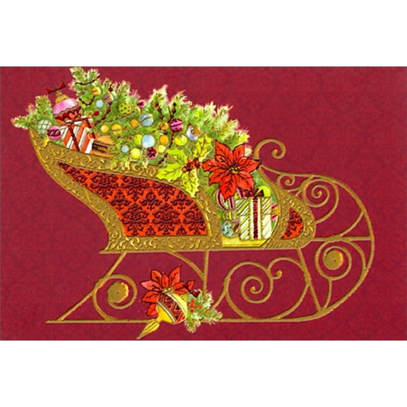 Pictura Gold and Red Foil Sleigh on Deep Red Christmas Card