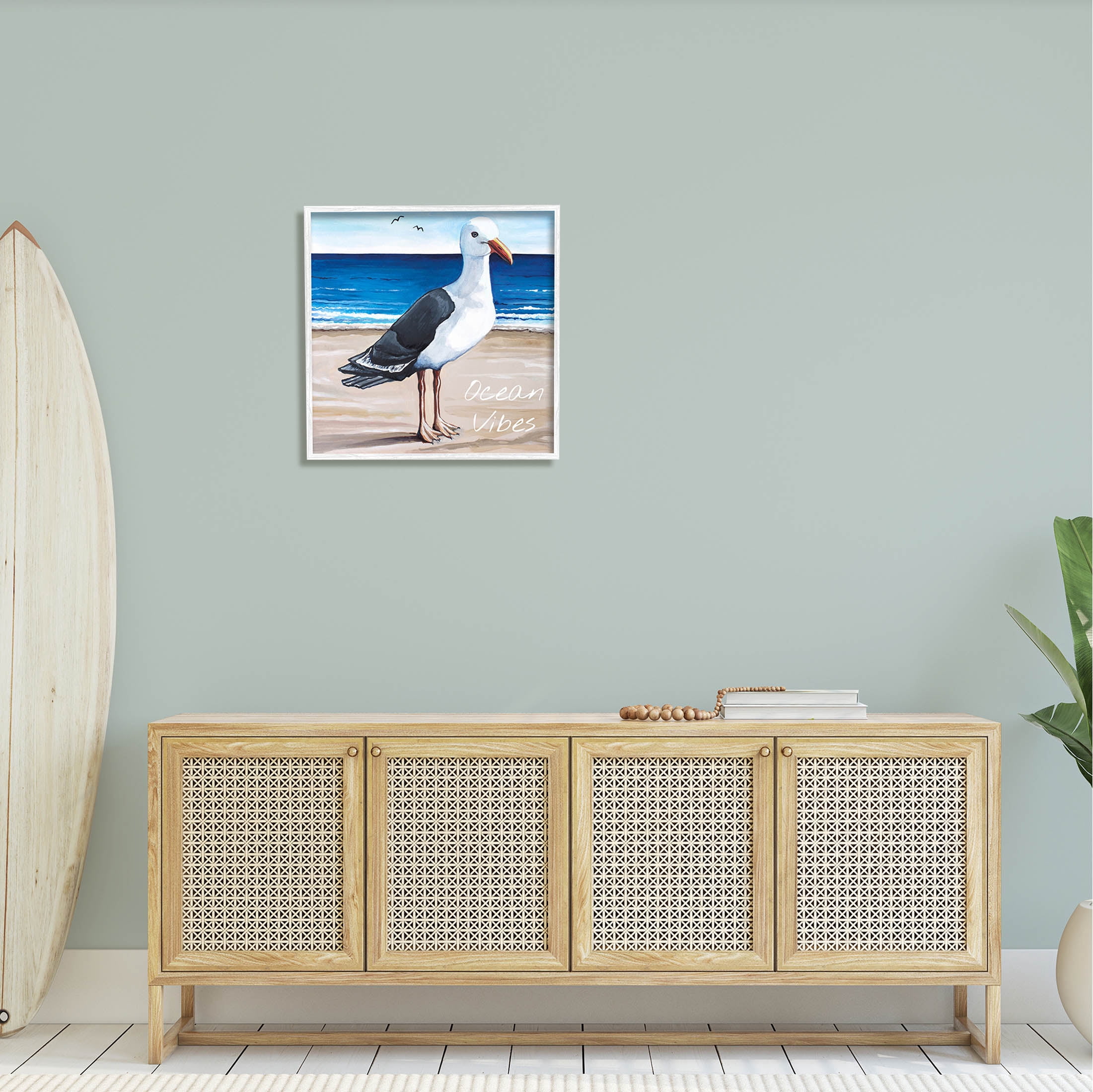 Stupell Industries Ocean Vibes Coastal Seagull Beach Graphic Art White Framed Art Print Wall Art, Design by Elizabeth Tyndall