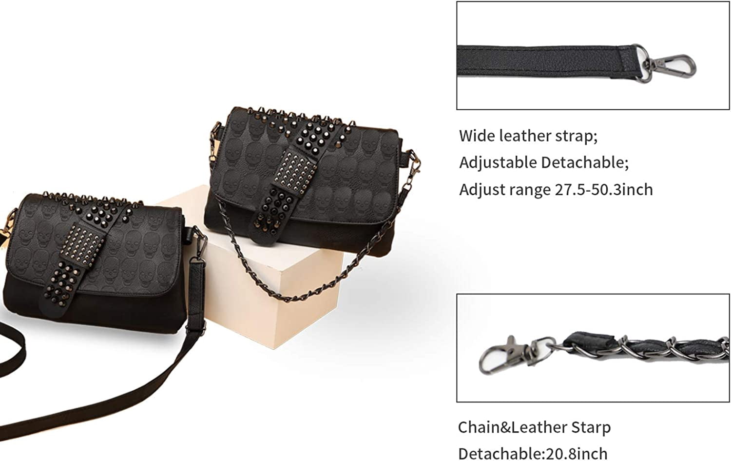 Womens Punk Skull Rivet Shoulder Bag PU Leather Goth Crossbody Bag with Chain Wallet Purse for Teen