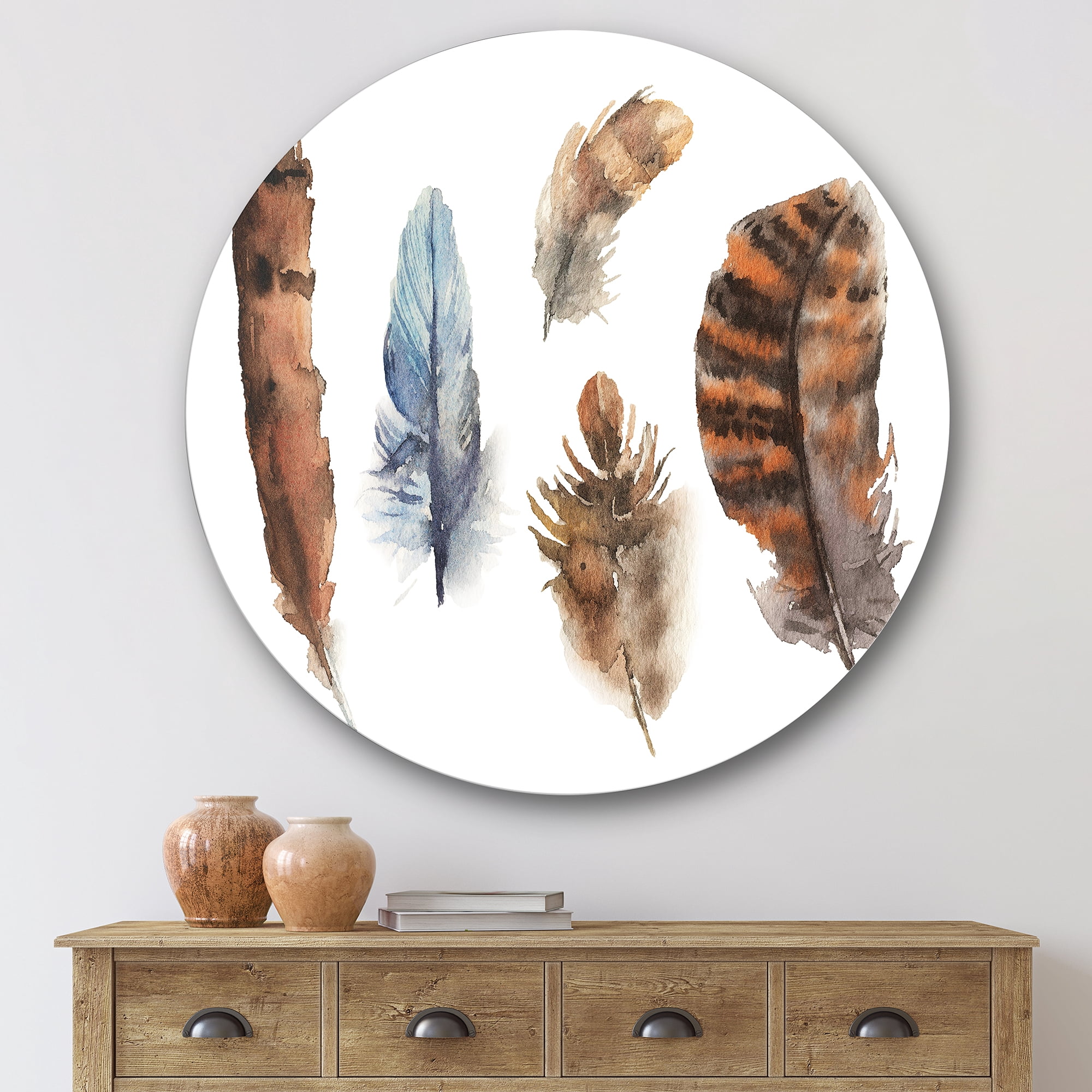 Designart 'Ethnic Boho Feathers In Earth Tones On White' Bohemian & Eclectic Circle Metal Wall Art 36x36 - Disc of 36