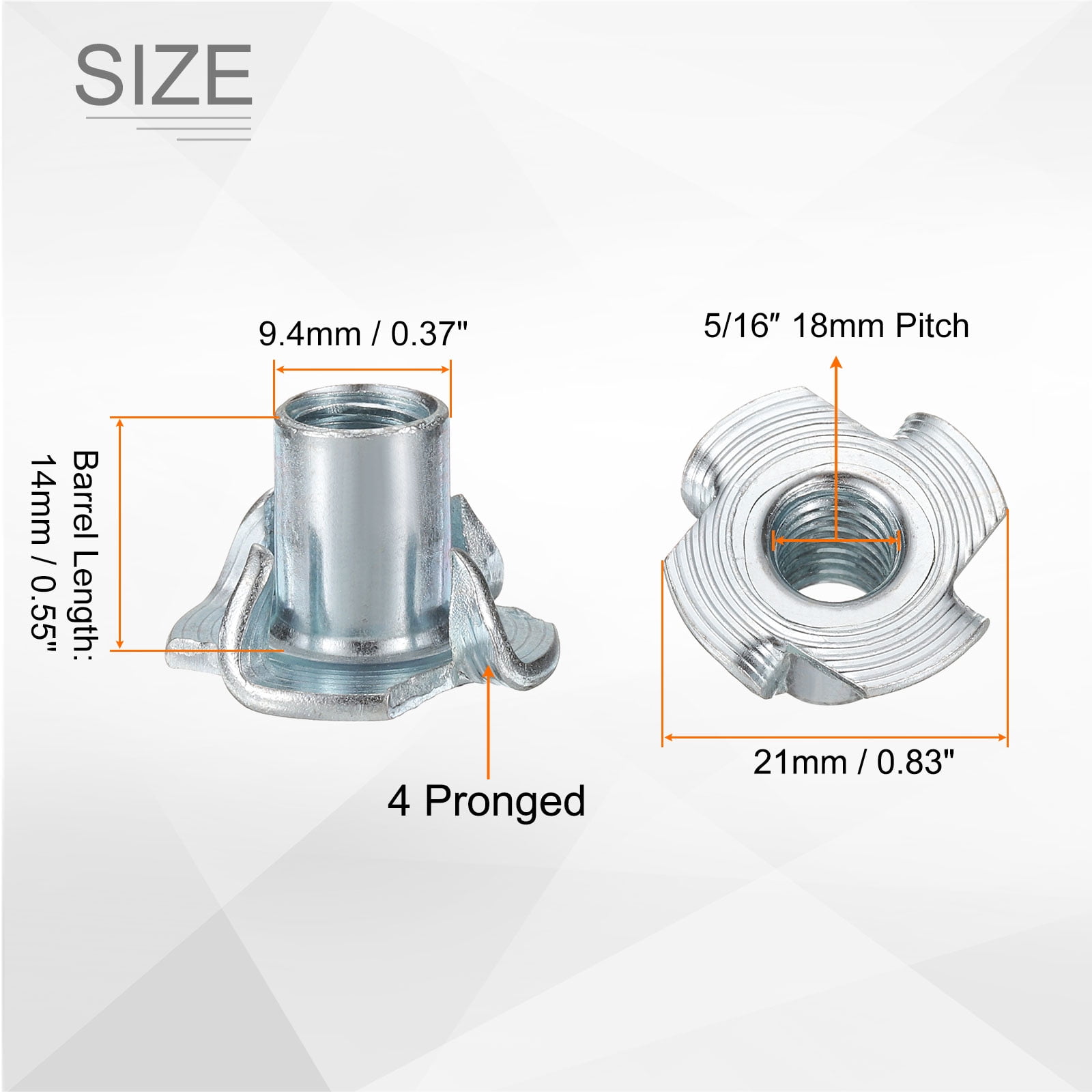 5/16x14mm T-Nuts 4 Pronged 0.83" x 0.55" Tee Nut Carbon Steel Fully Thread 100packs