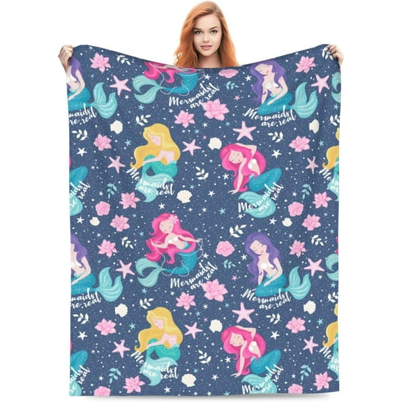 Dark Blue Mermaid Blanket Throw Gifts for Girls Kids Mermaid Sisters Flower Pattern Blankets Super Soft 3 4 5 6 7 8 9 10 Year Old Girl Gift Ideas Age 6-8 Mermaid Toys Sofa Couch Bed Travel 50"x 60"