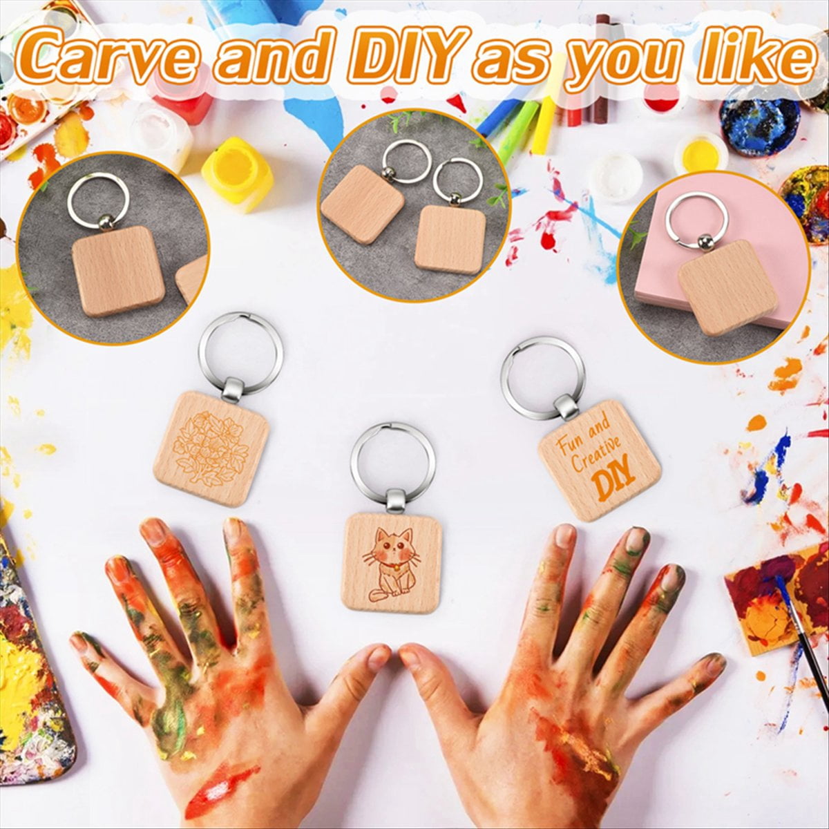 100Pcs DIY Blank Wooden Key Chain Square Carved Key Ring Wooden Key Ring About 40 x 40 mm,100 x Wooden Key Chain,Wood color & silver
