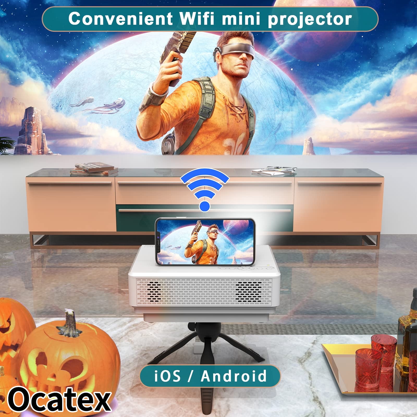 Ocatex Mini Projector, Full HD 1080P 200” Display Supported, Compatible with Smartphones, TV Stick, Video Games, DVD Player, HDMI/AV/VGA/USB for Outdoor Movies