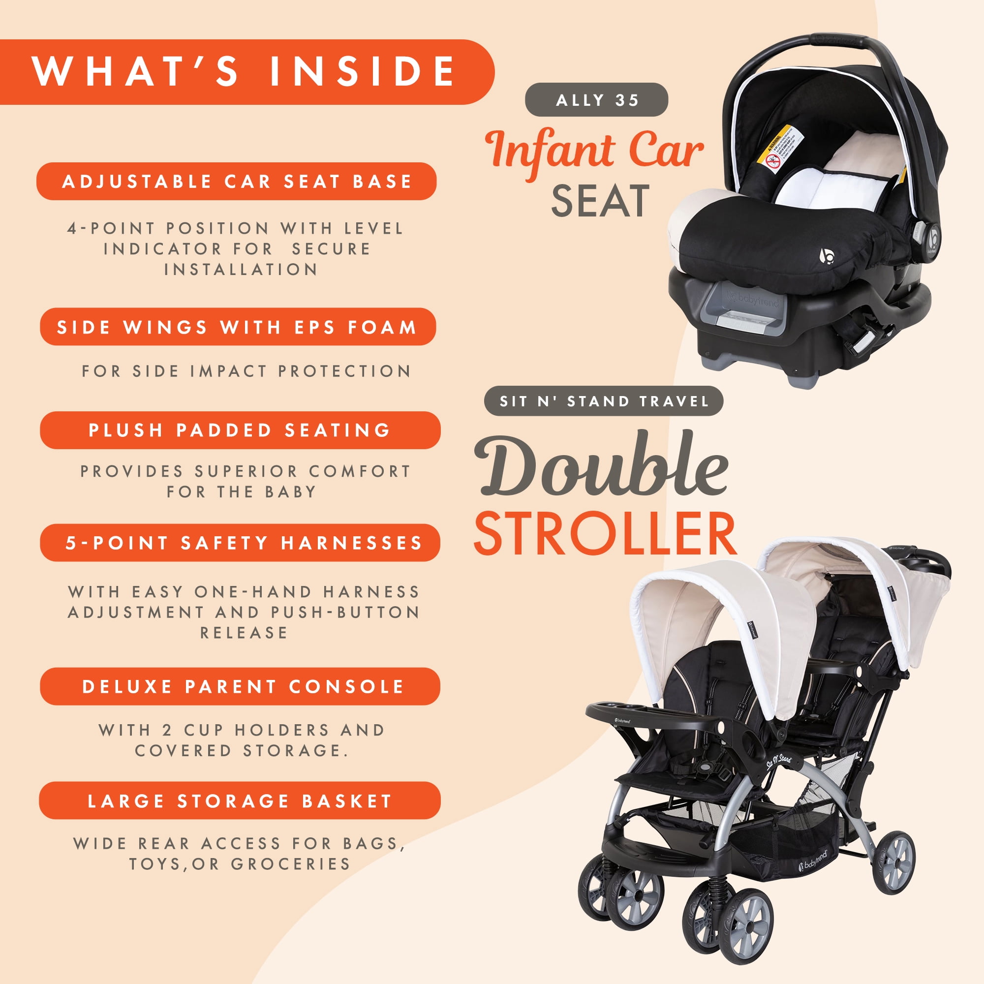 Baby Trend Infant & Toddler Double Stroller & Single Car Seat, Sit N' Stand, Khaki, Combo