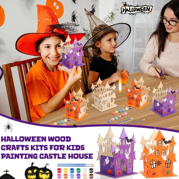 6 Pack, Halloween Painting Crafts Unfinished Wood Crafts Haunted House Decor Halloween Arts and Crafts for Student Diy Halloween Table Decor Party Favors for Student Creative