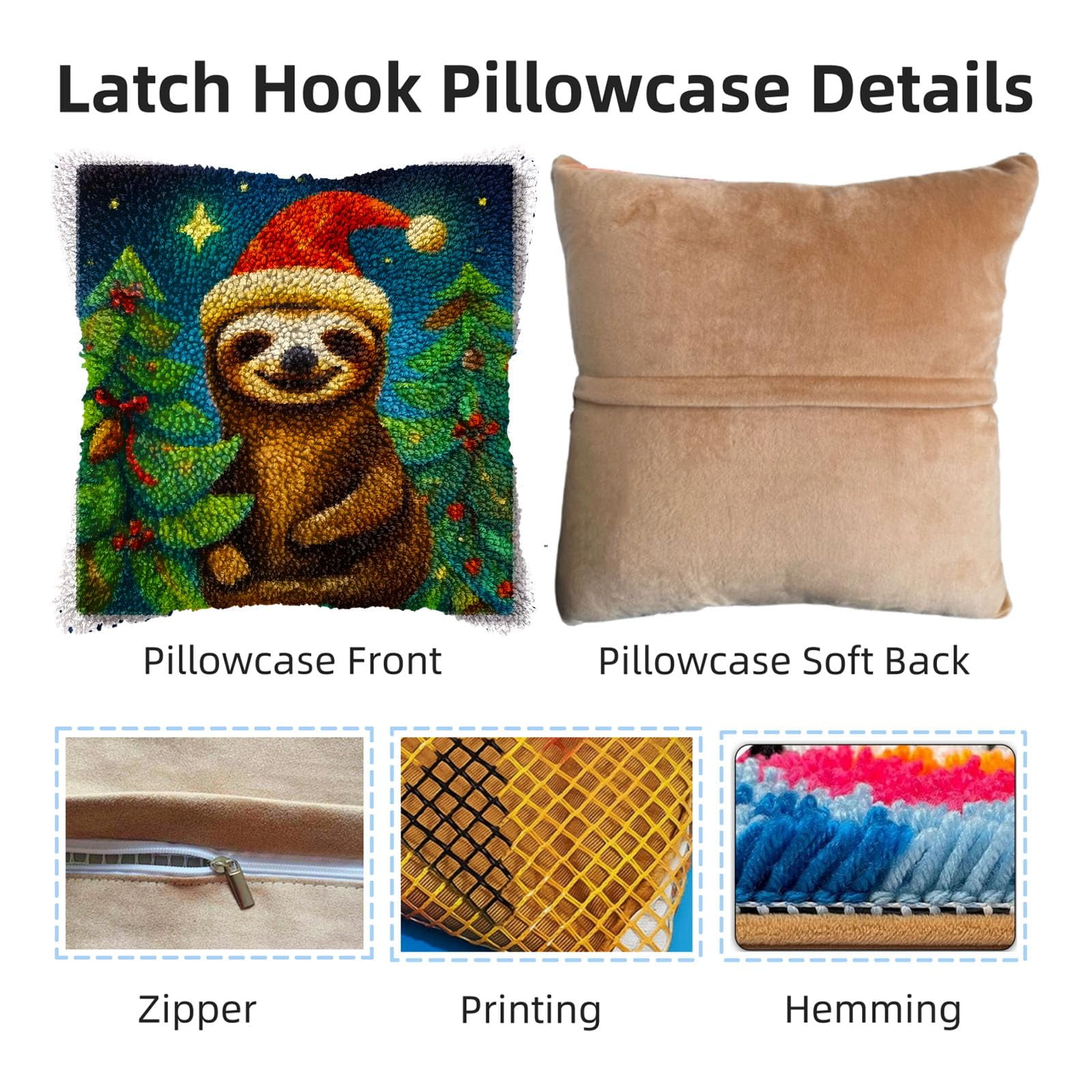 Merry Christmas Sloth and Trees DIY Latch Hook Pillow Kits for Adults Printed Pillowcase Crochet Yarns Hooking Handmade Pillow Cover Cushion for Home Sofa Decoration 17x17inch