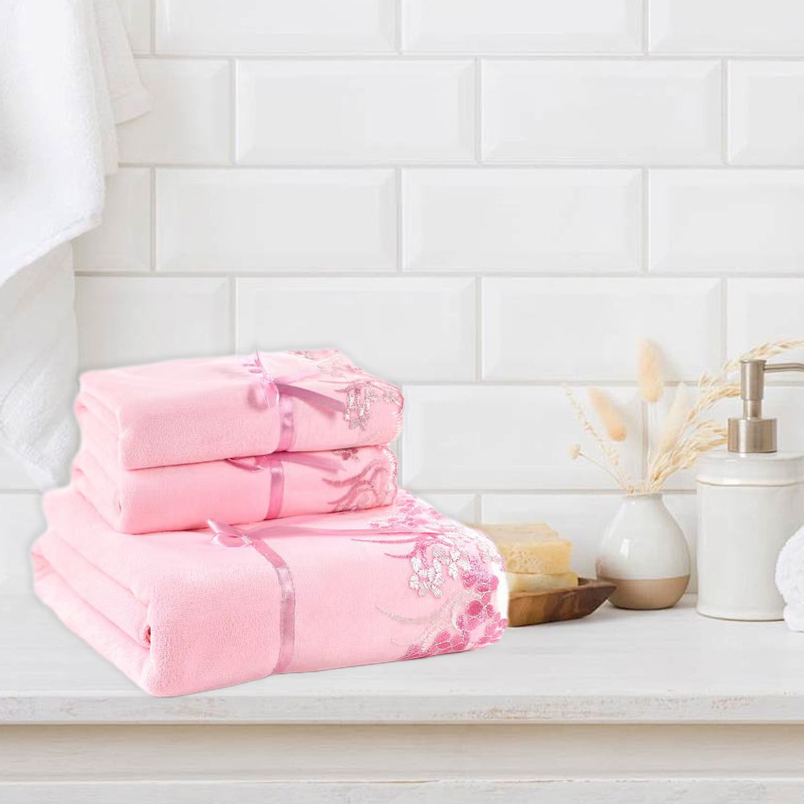 Decorative Bath Towels - 3 Piece Pink Embroidered Towel Set with Lace Trim, Soft and Absorbent for a Stylish Bathroom