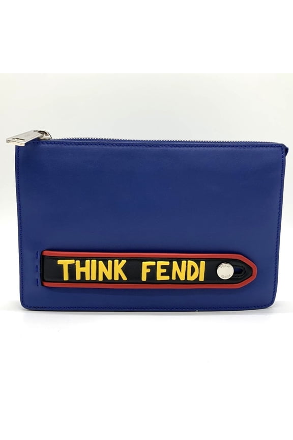 Pre-Owned FENDI 7VA350 Vocabulary Clutch Bag THINK Second Pouch Blue Leather Men's... (Good)