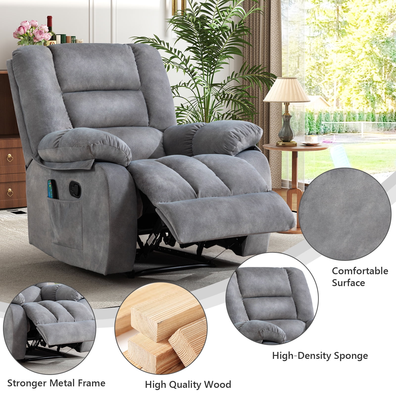 Ebello 36'' Massage Recliner Chair with Heat and Vibration – Soft Fabric Manual Reclining Chair for Living Room and Bedroom – Light Gray