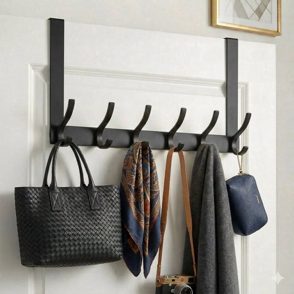 Peasulin 1 Pack Matte Black Extended Deep Hooks Heavy Duty Over the Door Hooks, 6 Hook Door Hanger, Space Saving Coat and Towel Organizer, Durable Metal Closet Storage, Fits Most Doors