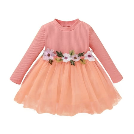 

Baby Girls Dress Long Sleeve Solid Color Lace Dress 1PCS Winter Dress 6-9 Months Pink