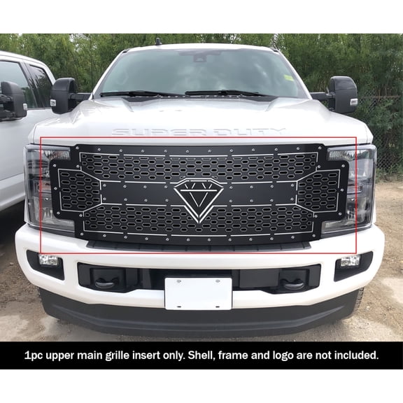 2017-2019 Ford F-250/F-350/F-450/F-550 Without Front Camera/ Main Upper Stainless Steel Black Powder Coated Finish Double Layer Laser Cut Sheet Grille