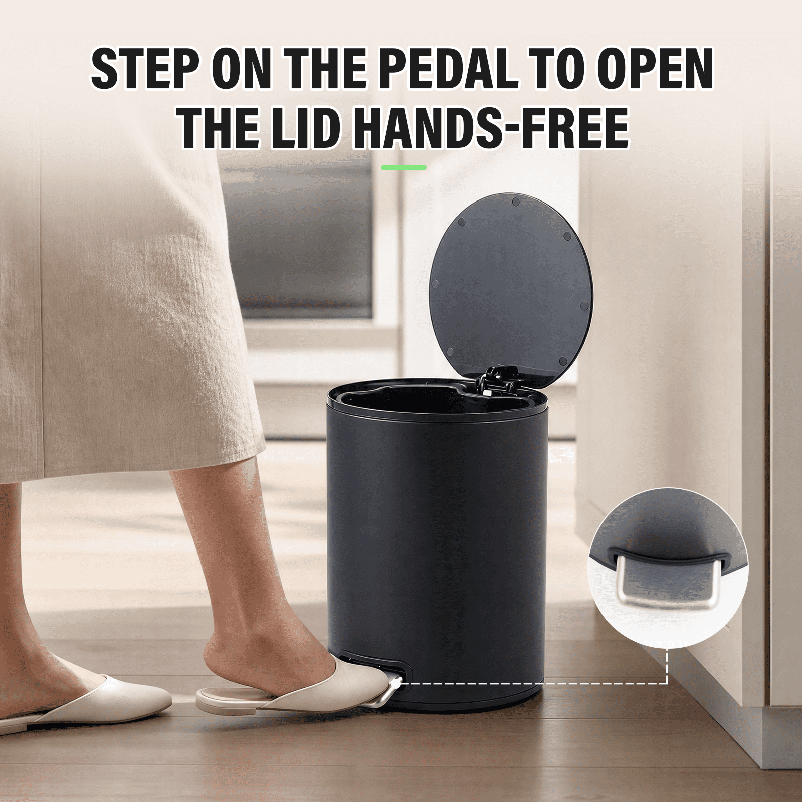 Simplykleen 5L/1.32 Gallon Round Step Trash Can Small Stainless Steel Bathroom Garbage Can with Removable Inner Bucket for Bathroom, Bedroom, Office, Black
