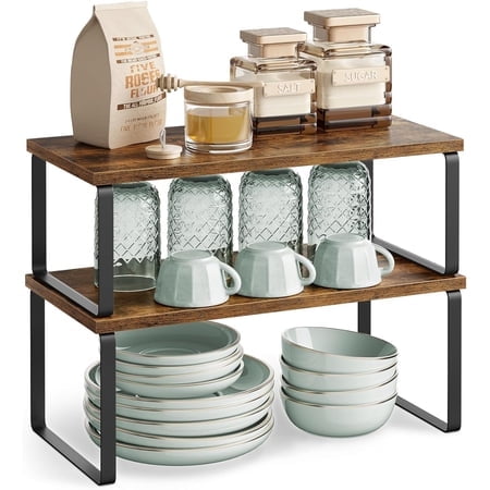2 Pack Cabinet Organizer Shelf, Kitchen Counter Shelves, Kitchen Storage, Spice Rack, Stackable, Expandable, Metal and Engineered Wood, Ink Black and Rustic Brown