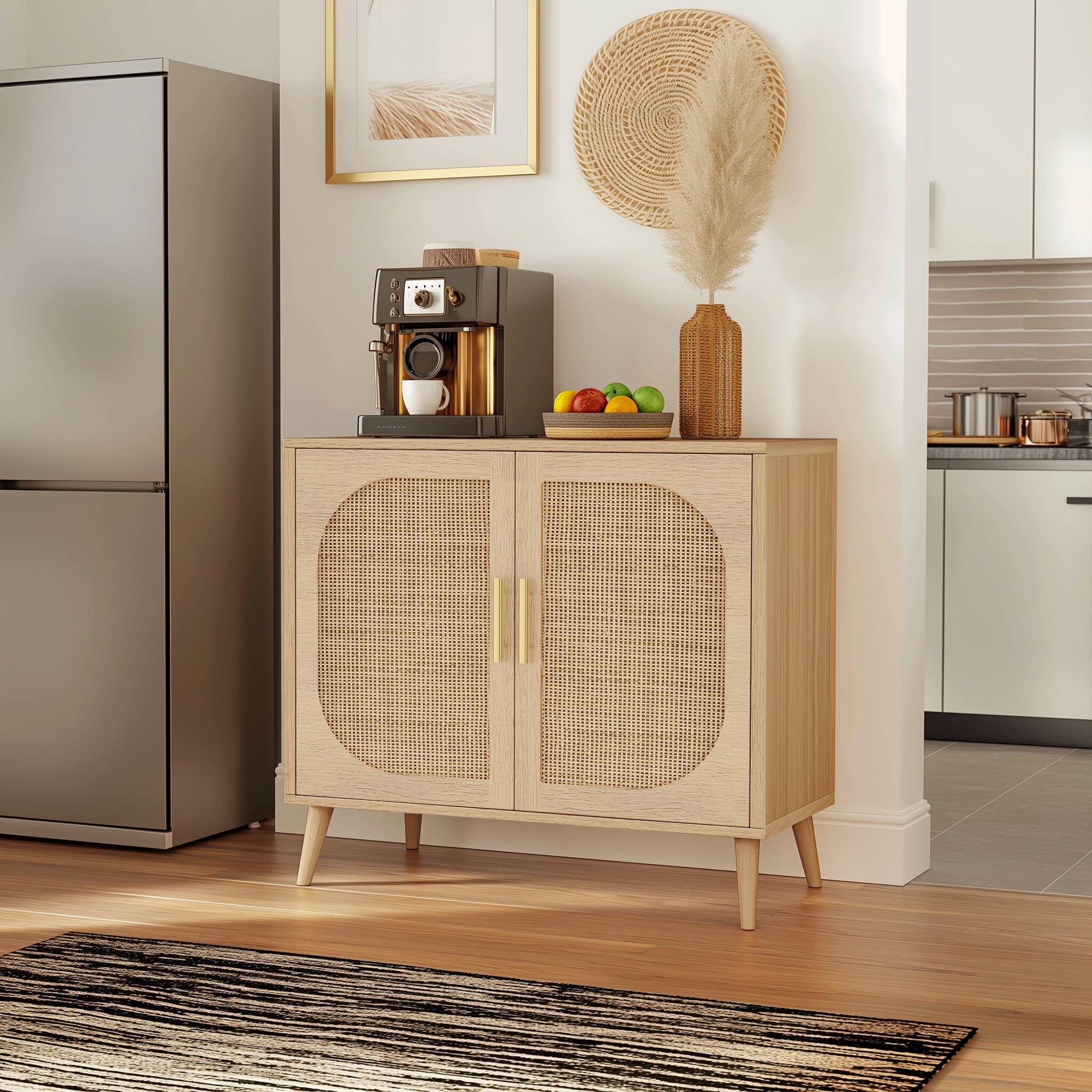 Natural Buffet Cabinet with 2 Doors and 4 Compartments – Solid Wood Feet Sideboard for Bathroom, Hallway, Entry, Living Room