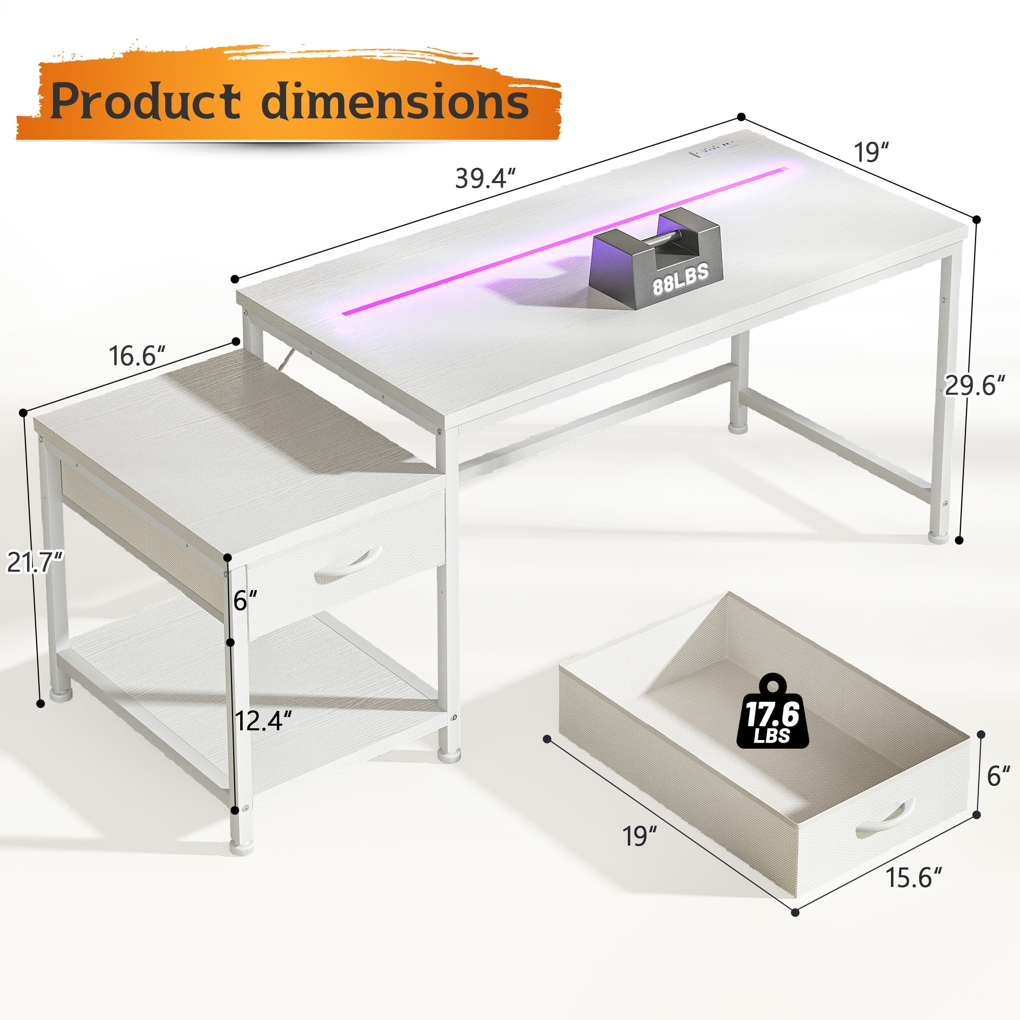 Romorgniz 56"W Gaming Desk with LED Lights & Power Outlets, Computer Desk with Fabric Drawer & Printer Shelf, Small Space Desk for Home Office, Dorm, Bedroom, White