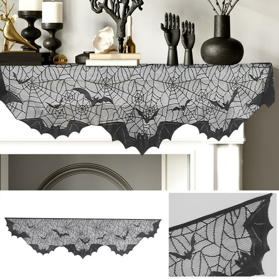 Nrmvnmi Halloween Fireplace Decorations, Fireplace Mantle Scarf Cover, Black Lace Spider Web for Door, Window and Fireplace Decoration, Halloween Decorations
