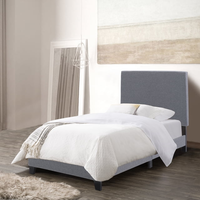 Lit plateforme double adulte CorLiving Juniper, revêtu de tissu gris, avec tête de lit rembourrée et sommier à lattes (sans sommier tapissier)