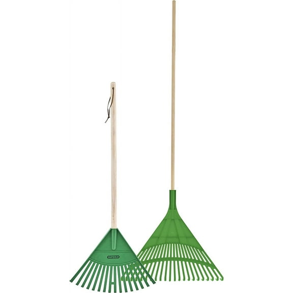 Superio Green Adult and Kids Garden Rakes with Hardwood Handle Durable Plastic Collect Loose Debris and Leaves in Lawn and Among Delicate Plants