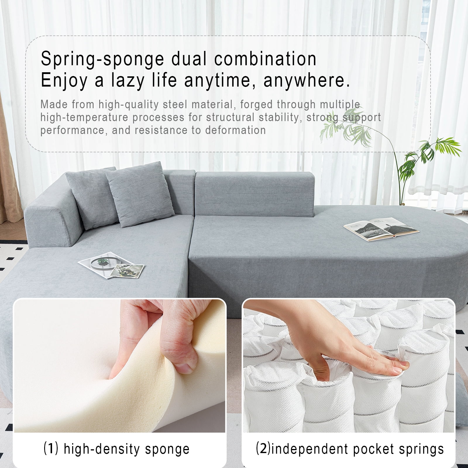 GARITIN L Shaped Modular, Corduroy Armless Couch with Deep Seats & Movable Sectional Sofa Ottoman Fabric, High-Resilience Foam, 107", Grey