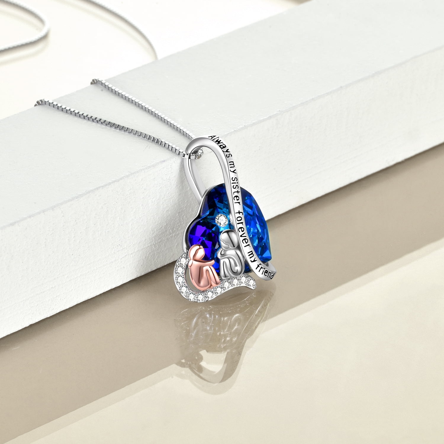 WINNICACA Friendship Necklace for 2 Sisters 925 Sterling Silver with Blue Heart Crystal Necklaces Jewelry Best Friend Birthday Anniversary Mothers Valentines Day Gifts for Women