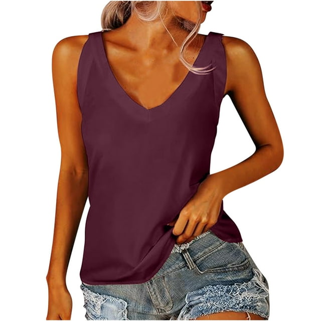 Plebaso Womens Casual Tank Tops V Neck Loose Basic Tee Shirts Sleeveless Solid Color Summer Tunic Blouses