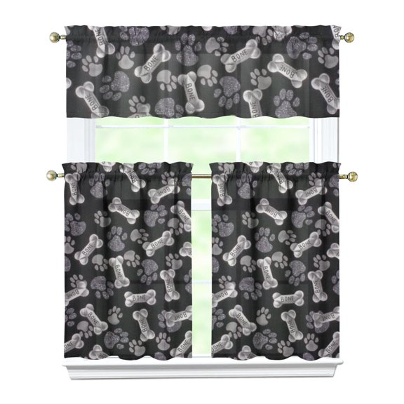 Dog Print Kitchen Curtains 36 Inch Short - 3 Panel Set, Cute Puppy & Floral Design, Rod Pocket Pet Lover Curtains 100% Polyester, Paw & Bone Pattern for Kitchen, Living Room, Bedroom, Easy Wash
