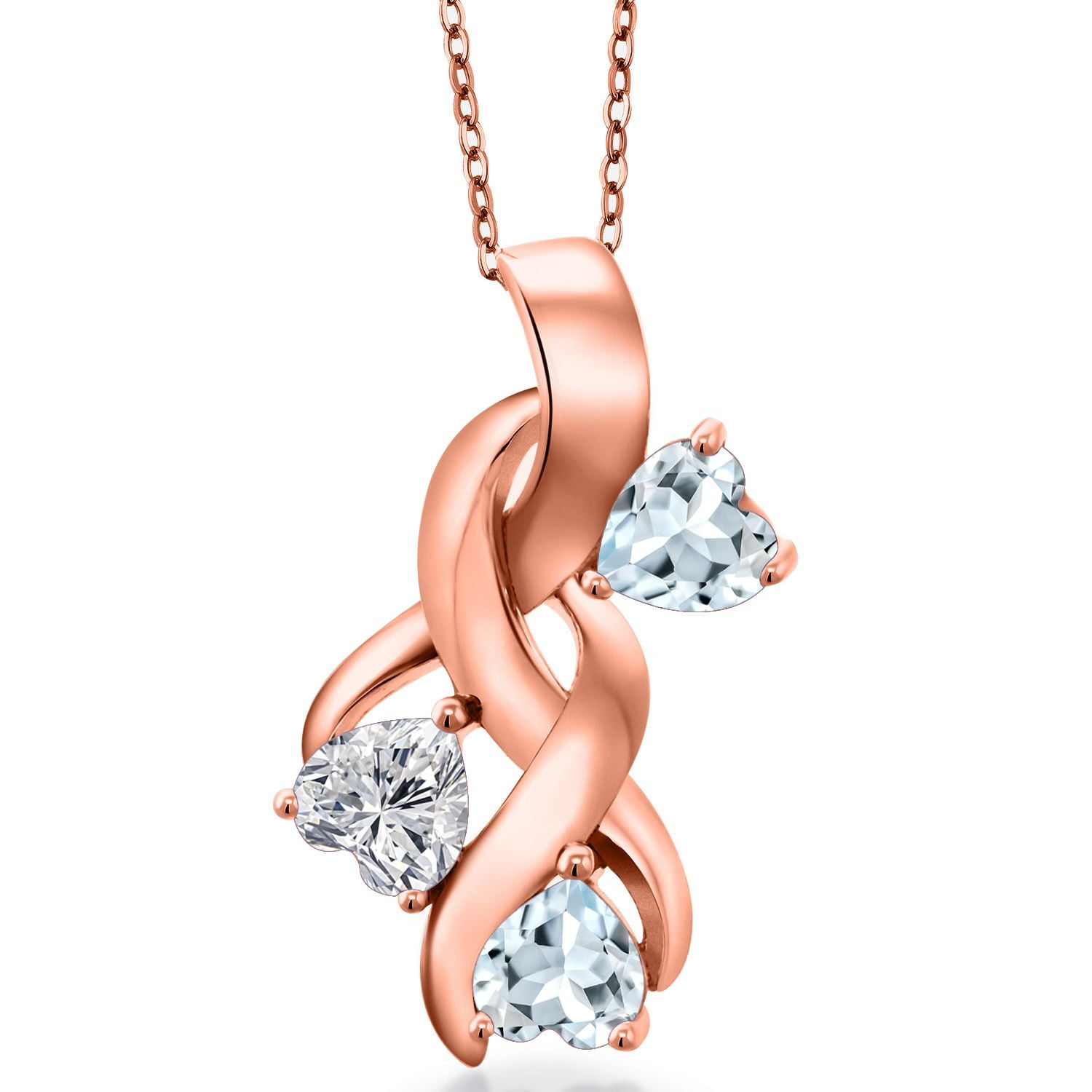 Gem Stone King 18K Rose Gold Plated Silver Lab Grown Diamond and Sky Blue Aquamarine Pendant Necklace for Women | 1.27 Cttw | Gemstone April Birthstone | Heart Shape 5MM | With 18 inch Chain