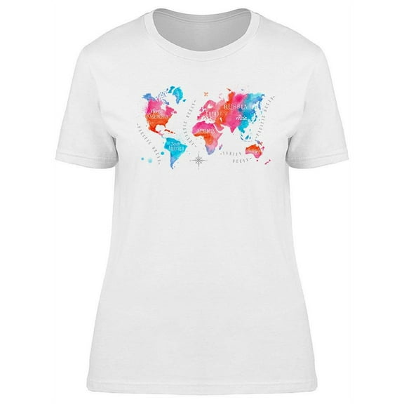 Watercolored World Map T-Shirt Women -Image by Shutterstock, Female 3X-Large