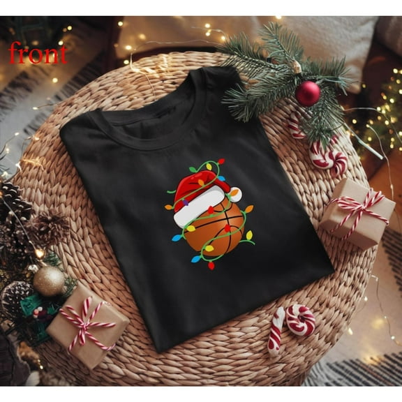 Basketball Christmas Tee T Shirt Graphic Tops Santa Hat Lights Sports Design Short Sleeve Round Neck Black S-5XL