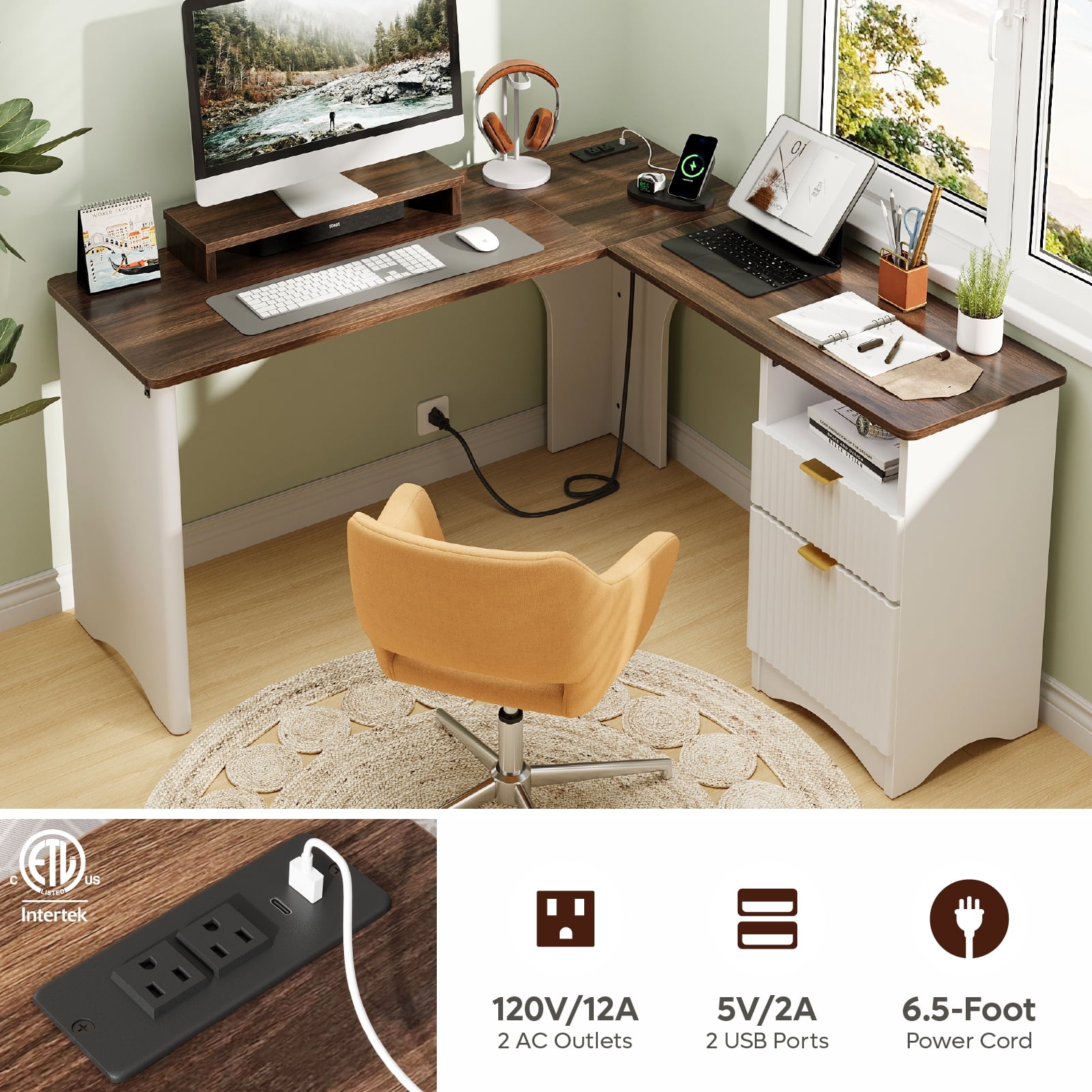 Bestier 55" L-shaped Computer PC Desk Lift Top with Power Outlets Storage Drawers and Monitor Stand, Walnut and White
