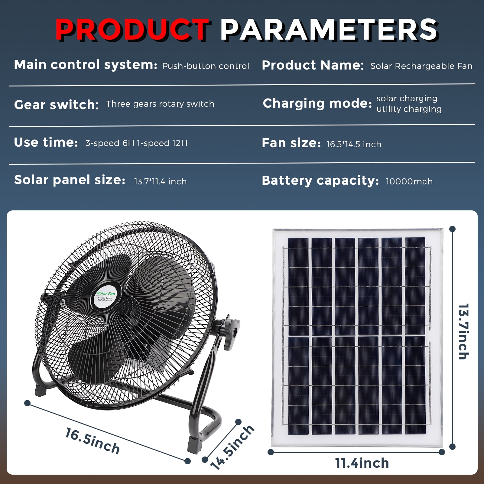 Fyydes 12 Inch Quiet 3 Speed Table Fan with 10000mah Solar Panel Powered and AC Charger  Input, Floor Fan High Velocity for In/Outdoor