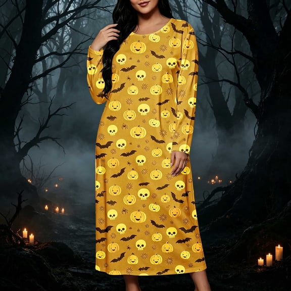 Women's Long Sleeve Casual Maxi Dress Spooky Skull Pumpkin Graphic Print Crewneck Flowy Fall Dresses Halloween Party Festival Costumes Everyday Apparel