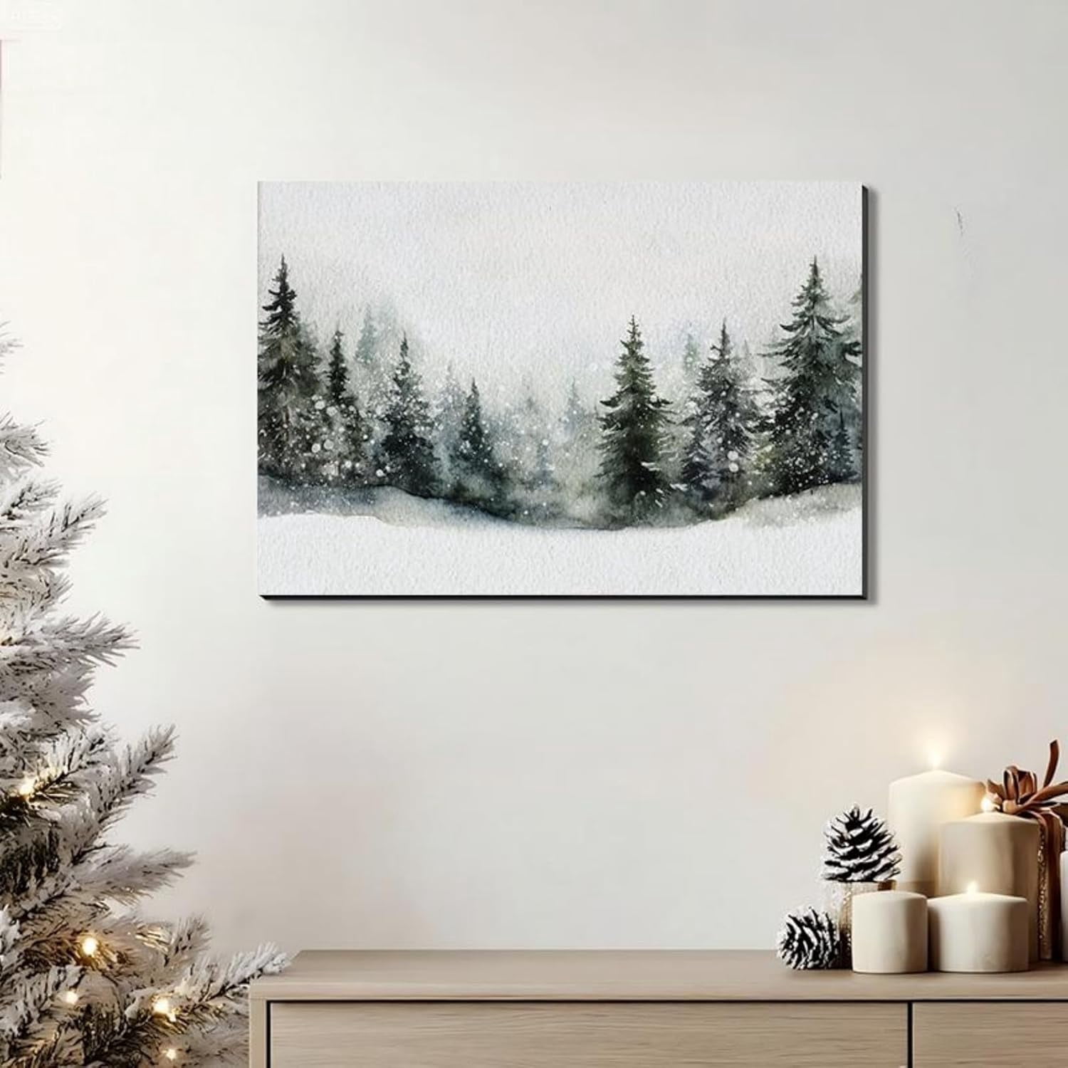 Framed Christmas Wall Art, Pine Tree Artwork Christmas Decoration Indoor, Rustic Landscape Snow Winter Forest Painting Canvas Print Wall Picture for Living Room Decor