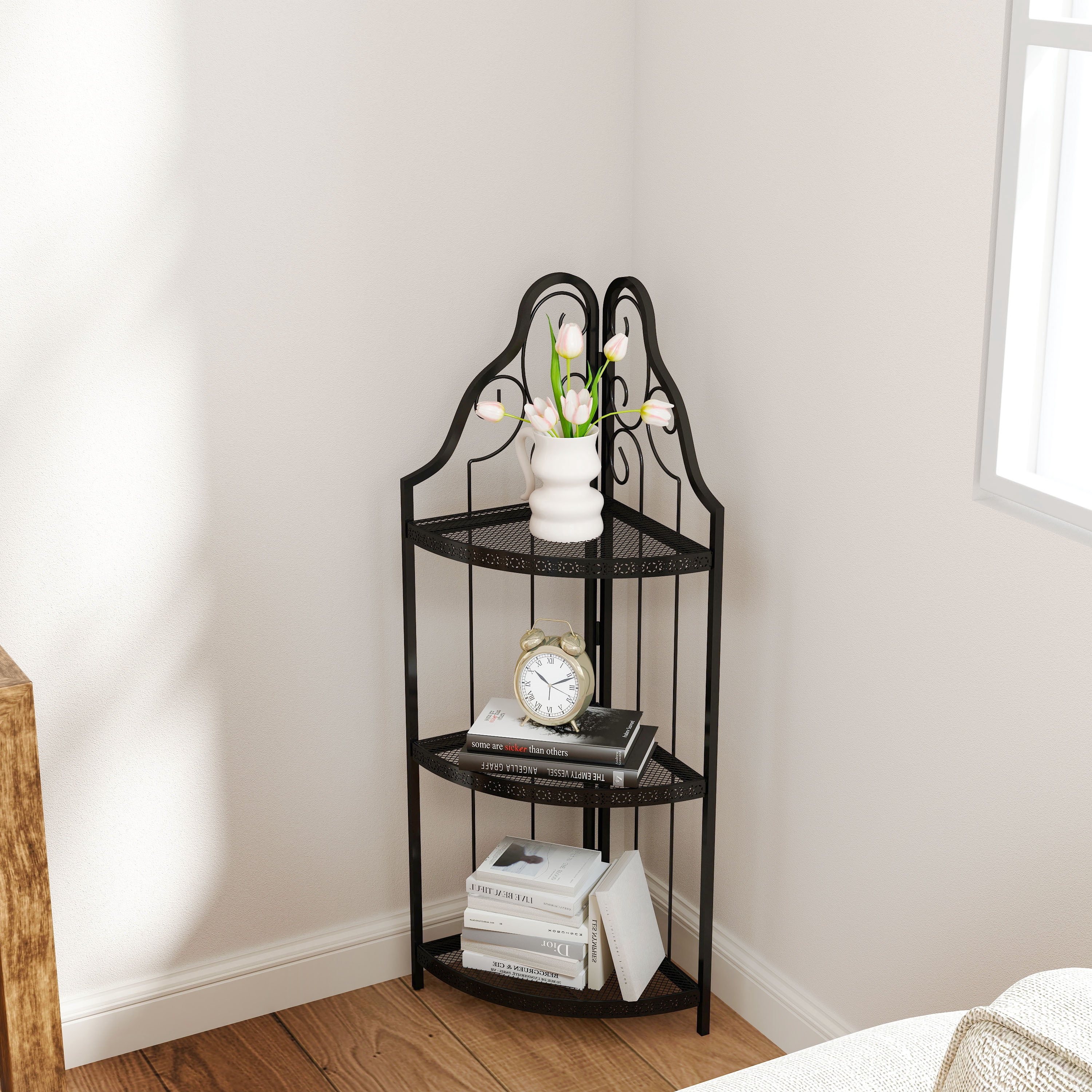 Mintazer 3-Tier Corner Bookcase with Vintage Scroll Design, 40.9" Open Storage Rack for Living Room & Bathroom, Black