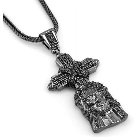 Hip Hop Bling Hematite Black Tone Cross with Jesus Face Pendant 36" chain Free