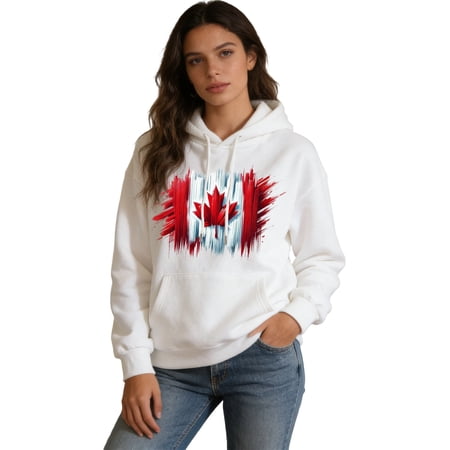 Womens Fleece Pullover Long Sleeve with Front Pocket Soft Cozy Outerwear Fall Winter Canada Day White XXS