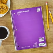 Pen+Gear Wide Rule 3 Subject Notebook, 8” x 10.5”, Purple, 120 Sheets, New