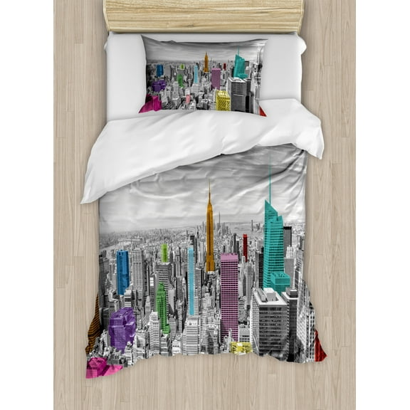 New York Duvet Cover Set Twin Size, NYC Cityscape Monochrome Photograph with Colorful Buildings Urban Architecture, Decorative 2 Piece Bedding Set with 1 Pillow Sham, Multicolor, by Ambesonne