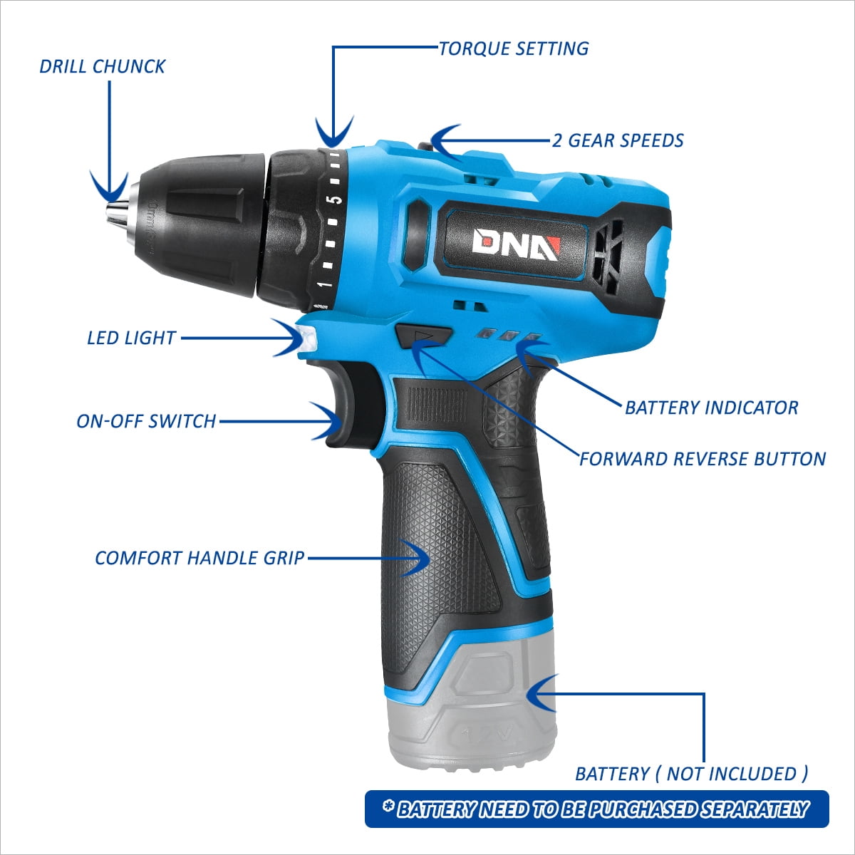 WMT-TOOLS-00157 Cordless Electric 12V Drill Driver, Keyless Chuck, Two-Speed, 20+1 Torque